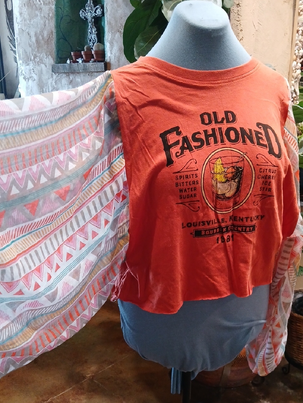 Orange "Old Fashioned" Graphic tshirt with scarf sleeves